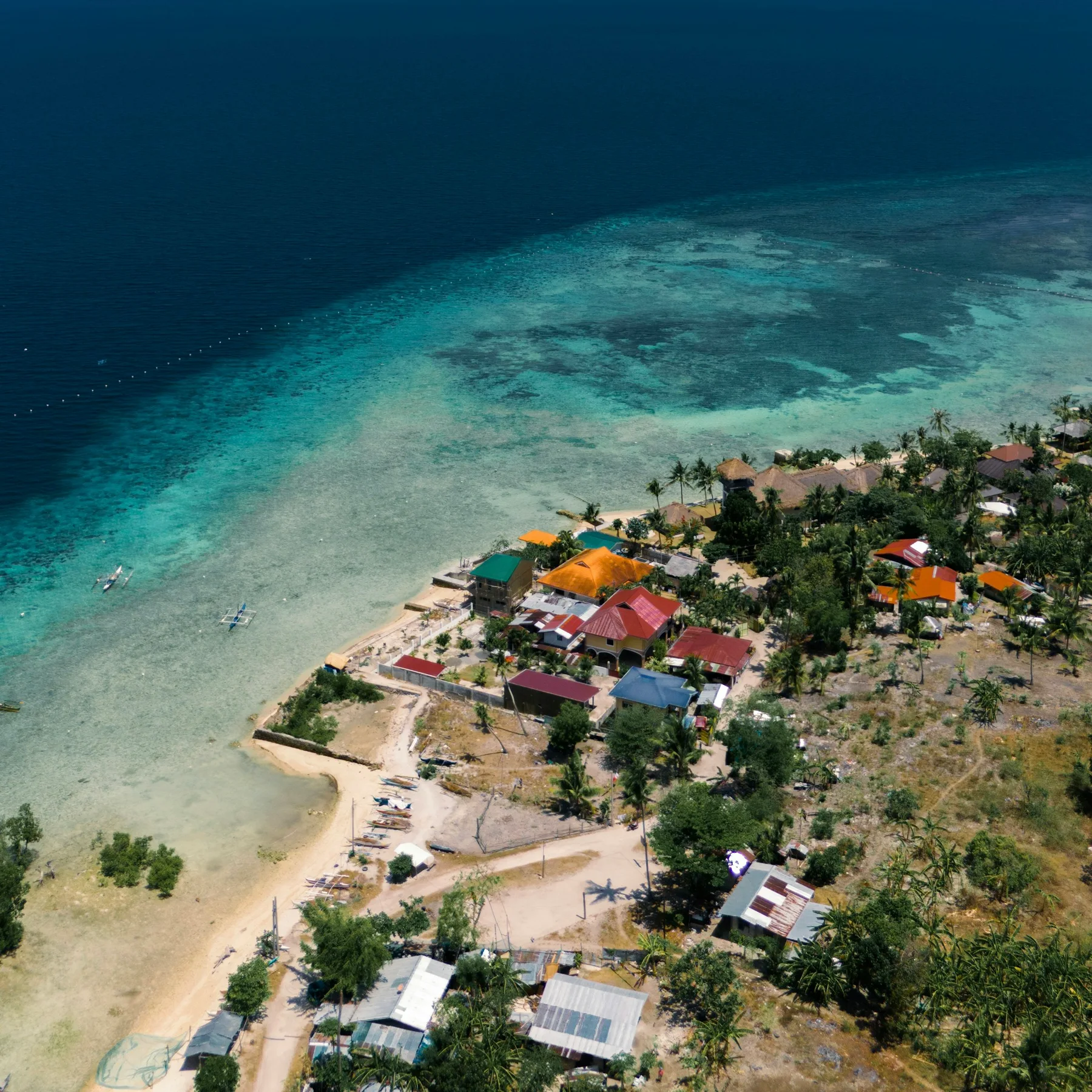 An aerial view of Moalboal’s coastline, tropical trees and sea